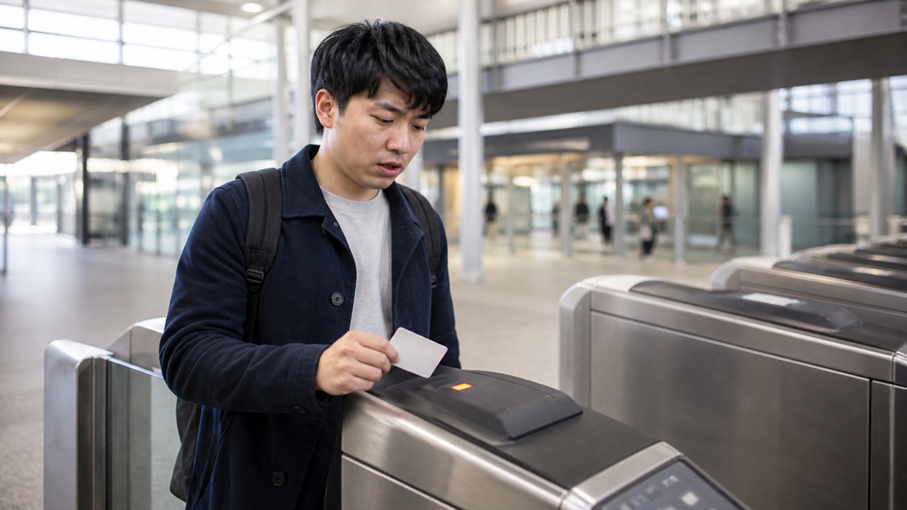 旅客在無品牌車站閘門以普通交通卡感應，讀卡區亮起紅橙提示燈的情境示意